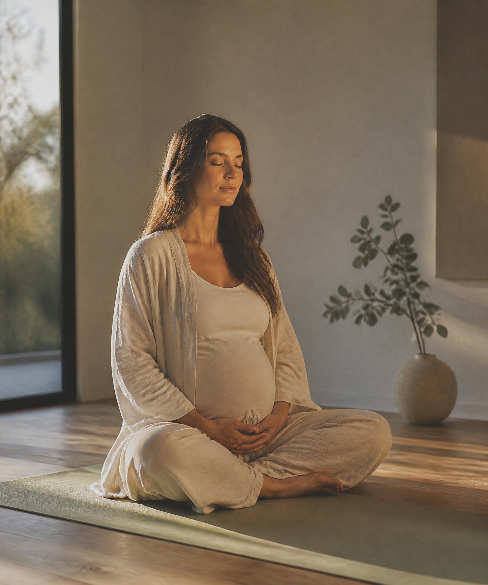 Quiet meditation on a sage-toned mat in soft window light